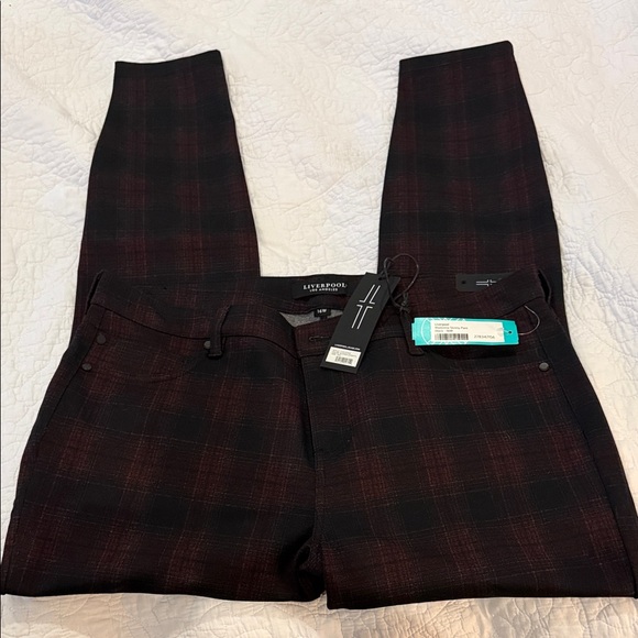 Liverpool Pants - Liverpool Plaid Skinny Pants - Black & Burgundy